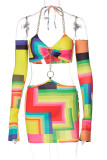 Colour Sexy Color Lump Print Hollowed Out Patchwork Frenulum Chains Backless Asymmetrical Halter Pencil Skirt Dresses