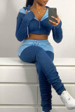 Blue Casual Solid Hollowed Out Patchwork Hooded Collar Long Sleeve Two Pieces