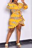 Yellow Fashion Casual Print Bandage V Neck Irregular Dress