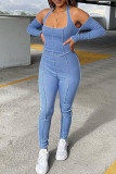 Blue Casual Solid Hollowed Out Patchwork Backless Halter Jumpsuits