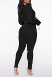 Black Fashion Casual Solid Bandage O Neck Long Sleeve Two Pieces