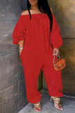 Deep Coffee Casual Solid Patchwork Off the Shoulder Harlan Jumpsuits