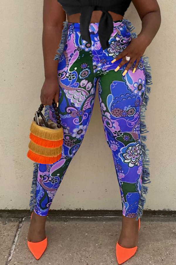 Blue Street Print Tassel Patchwork Skinny High Waist Pencil Full Print Bottoms