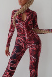 Blue Sexy Print Hollowed Out Patchwork Backless O Neck Skinny Jumpsuits