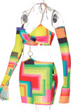 Colour Sexy Color Lump Print Hollowed Out Patchwork Frenulum Chains Backless Asymmetrical Halter Pencil Skirt Dresses