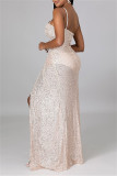 Apricot Sexy Patchwork Sequins Backless Beading Spaghetti Strap Evening Dress