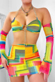 Colour Sexy Color Lump Print Hollowed Out Patchwork Frenulum Chains Backless Asymmetrical Halter Pencil Skirt Dresses