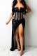 Black Sexy Patchwork Sequins Backless Beading Spaghetti Strap Evening Dress