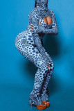 Blue Sexy Print Patchwork Turtleneck Long Sleeve Two Pieces