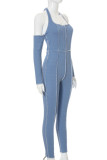 Blue Casual Solid Hollowed Out Patchwork Backless Halter Jumpsuits