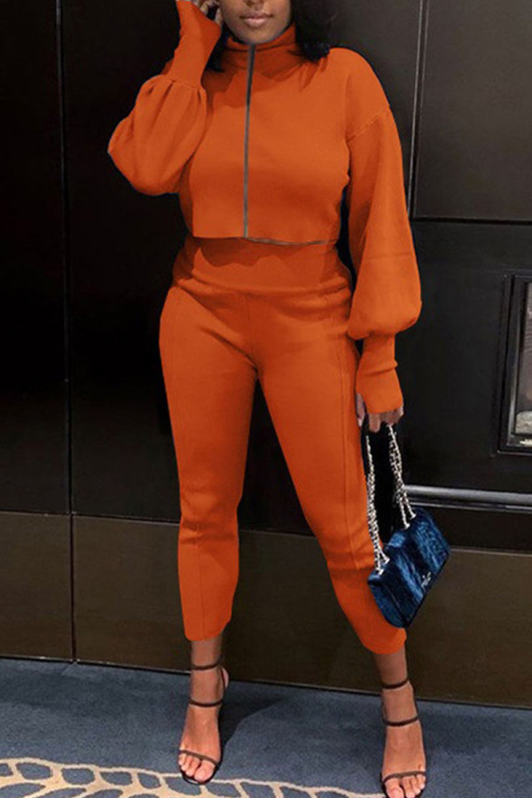 Orange Casual Solid Patchwork Zipper Turtleneck Long Sleeve Two Pieces
