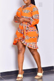Yellow Fashion Casual Print Bandage V Neck Irregular Dress