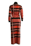 Tangerine Red Fashion Casual Print Basic O Neck Long Sleeve Two Pieces