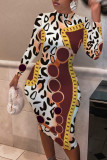 Brownness Casual Print Patchwork O Neck A Line Dresses