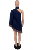 Tibetan Blue Fashion Casual Print Patchwork Halter Long Sleeve Irregular Dress