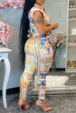 Yellow Fashion Sexy Casual Print Basic Turndown Collar Sleeveless Two Pieces