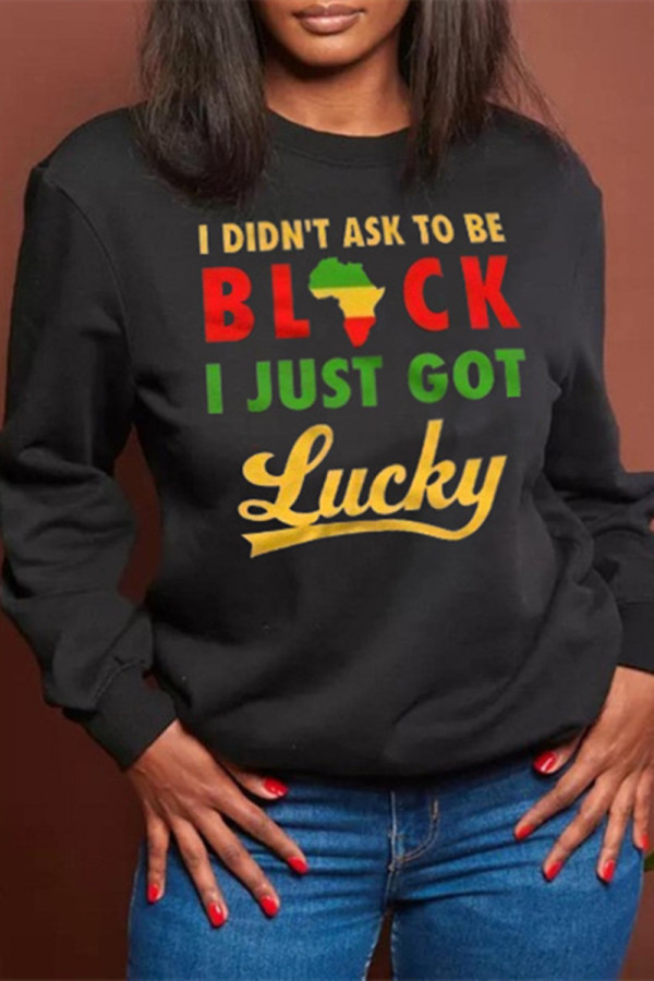 Black Fashion Casual Print Basic O Neck Tops
