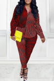 Red Casual Striped Patchwork Turndown Collar Long Sleeve Two Pieces