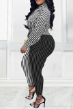 Black Casual Striped Patchwork Turndown Collar Long Sleeve Two Pieces