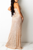 Apricot Sexy Patchwork Sequins Backless Beading Spaghetti Strap Evening Dress