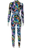 Multicolor Sexy Print Patchwork Asymmetrical Turndown Collar Long Sleeve Two Pieces