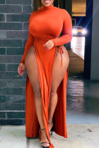 Tangerine Sexy Solid Hollowed Out Patchwork Frenulum High Opening Half A Turtleneck Straight Plus Size Dresses