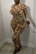 Brown Sexy Print Patchwork Frenulum O Neck Long Sleeve Two Pieces