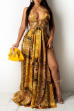 Yellow Sexy Print Hollowed Out Backless Slit Halter Sleeveless Dress