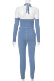 Blue Casual Solid Hollowed Out Patchwork Backless Halter Jumpsuits