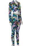 Multicolor Sexy Print Patchwork Asymmetrical Turndown Collar Long Sleeve Two Pieces