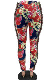 Red Street Print Tassel Patchwork Skinny High Waist Pencil Full Print Bottoms
