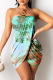 Green Sexy Print Patchwork Strapless Pencil Skirt Dresses