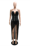 Apricot Sexy Patchwork Sequins Backless Beading Spaghetti Strap Evening Dress