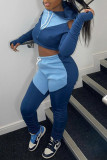 Blue Casual Solid Hollowed Out Patchwork Hooded Collar Long Sleeve Two Pieces