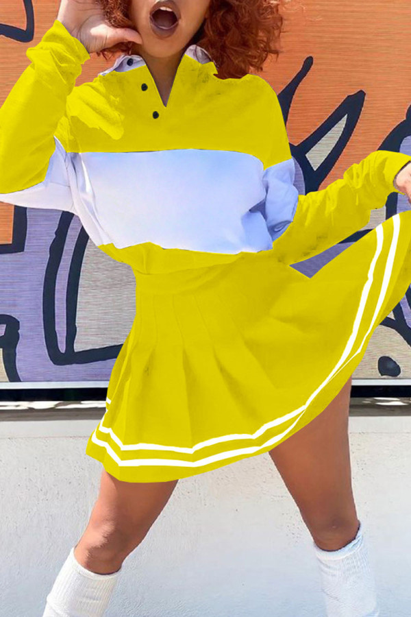 Yellow Casual Print Patchwork Turndown Collar Long Sleeve Two Pieces