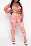 Pink Fashion Sexy Print Patchwork V Neck Long Sleeve Two Pieces pre-sale
