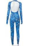 Blue Sexy Print Hollowed Out Patchwork Backless O Neck Skinny Jumpsuits