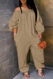 Deep Coffee Casual Solid Patchwork Off the Shoulder Harlan Jumpsuits