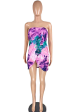 Rose Red Sexy Print Patchwork Strapless Pencil Skirt Dresses