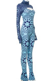 Blue Sexy Print Patchwork Turtleneck Long Sleeve Two Pieces