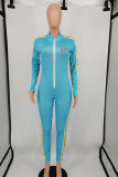 Sky Blue Casual Letter Print Patchwork Zipper Collar Skinny Jumpsuits