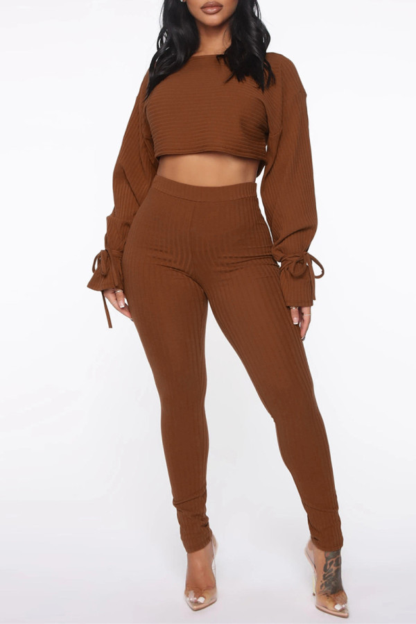 Coffee Fashion Casual Solid Bandage O Neck Long Sleeve Two Pieces