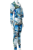 Blue Casual Print Patchwork Buckle Turtleneck Long Sleeve Two Pieces