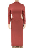 Red Bean Paste Sexy Solid Hollowed Out Patchwork Frenulum High Opening Half A Turtleneck Straight Plus Size Dresses