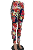 Red Street Print Tassel Patchwork Skinny High Waist Pencil Full Print Bottoms