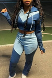 Blue Casual Solid Hollowed Out Patchwork Hooded Collar Long Sleeve Two Pieces