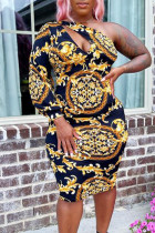 Yellow Sexy Print Hollowed Out Split Joint Oblique Collar Pencil Skirt Dresses