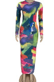 Multi-color Sexy Print Patchwork O Neck Pencil Skirt Dresses