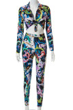 Multicolor Sexy Print Patchwork Asymmetrical Turndown Collar Long Sleeve Two Pieces