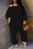 Deep Coffee Casual Solid Patchwork Off the Shoulder Harlan Jumpsuits